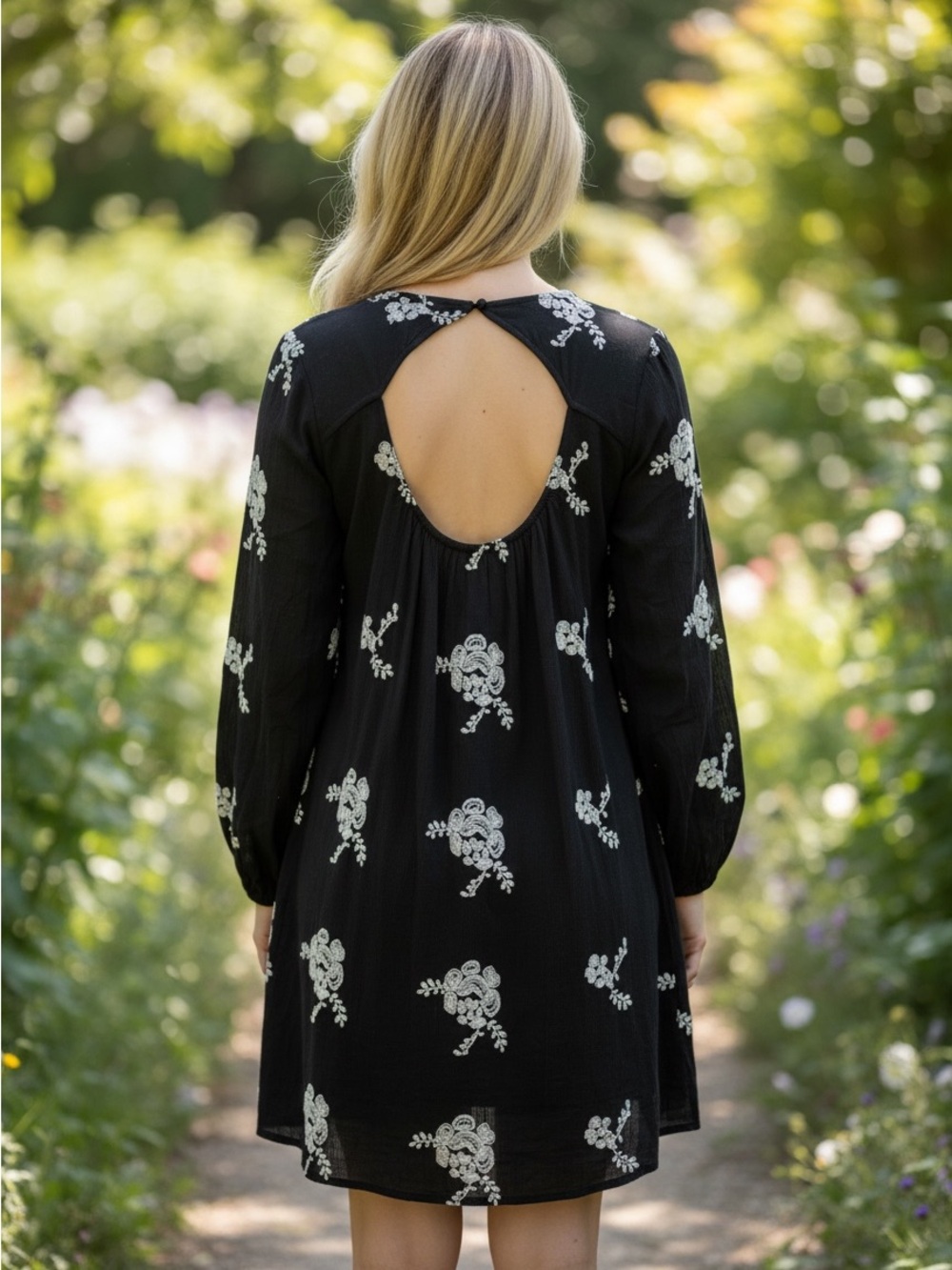 Altar'd State Black Embroidered Boho Swing Mini Dress Keyhole Back Size S Lined - Picture 10 of 12